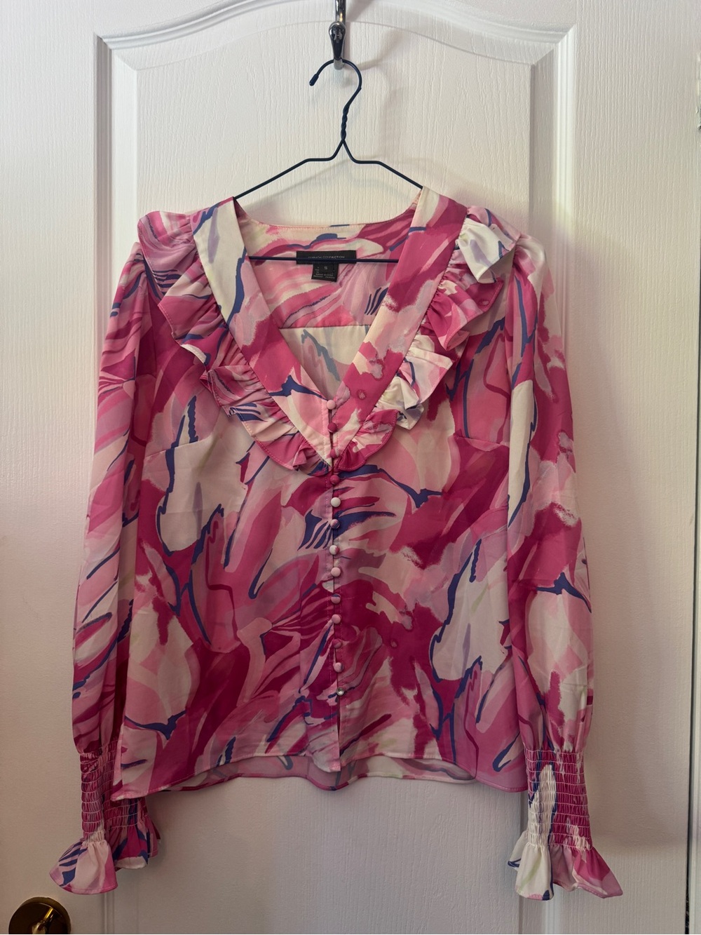 French Connection. Pink Ruffle V-Neck Blouse. Size S.